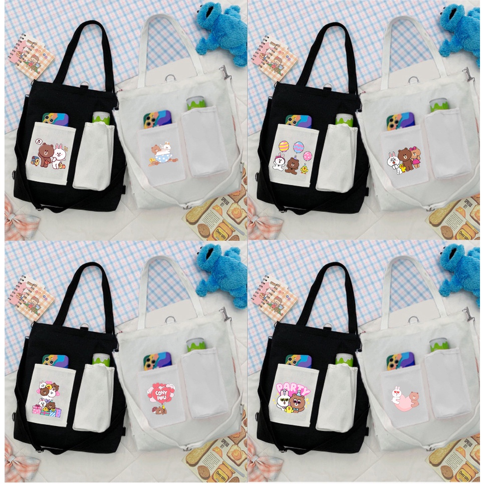 Túi Vải Tote Kiêm Balo ba anh em gấu TBL3 molang pusheen gấu brown tonton bé đào khủng long hoàng đế mèo capoo