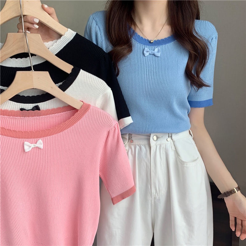 Áo Dệt Kim Tay Ngắn Phối Nơ Nữ Tính Trẻ Trung Hợp Thời Trang  tao bao
