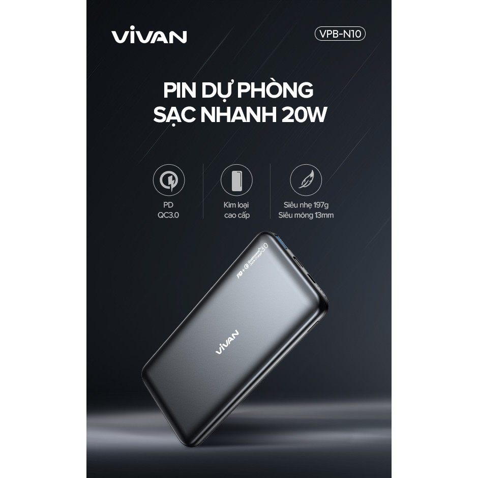 Pin Sạc Dự Phòng 10000mAh VIVAN VPB-N10 20W Quick Charge PD/QC 3.0- 2Output