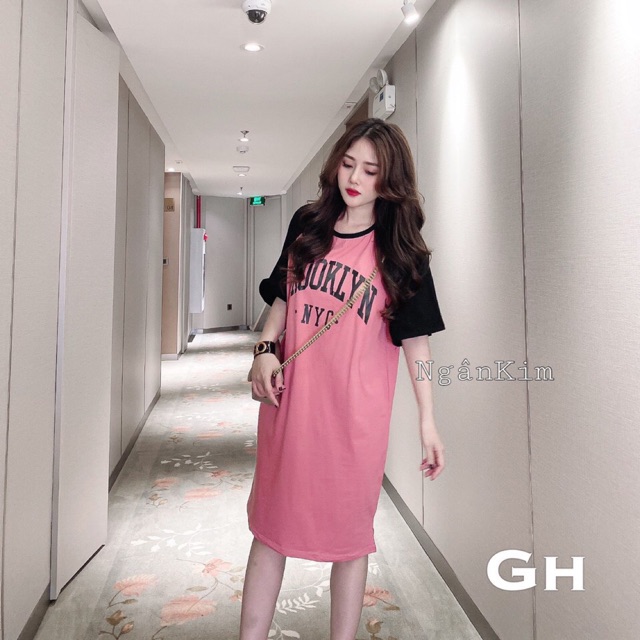 Vây suông phối tay in chữ NyC 2 màu chất đep