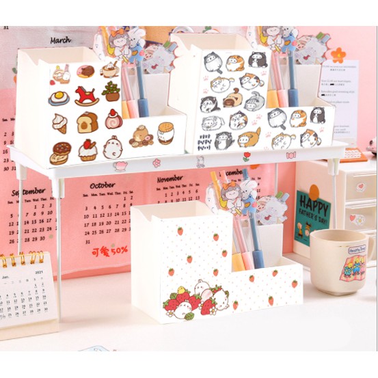 Ống cắm bút vuông pastel  bare bear CBV2 hoàng đế mèo capoo molang pusheen gấu brown tonton kero khủng long