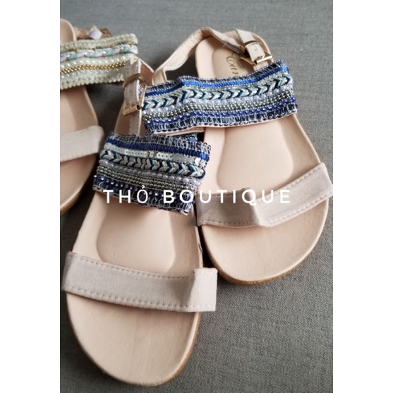 Giày sandal CUNYI Bohemian da lộn phối quai ngang dệt thổ cẩm đính cườm màu xanh, kem size 37-38