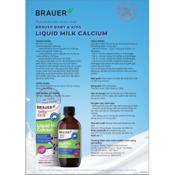 Siro BRAUER Liquid Milk Calcium - Bổ sung Canxi dạng sữa cho trẻ trên 7 tháng tuổi (200ml)