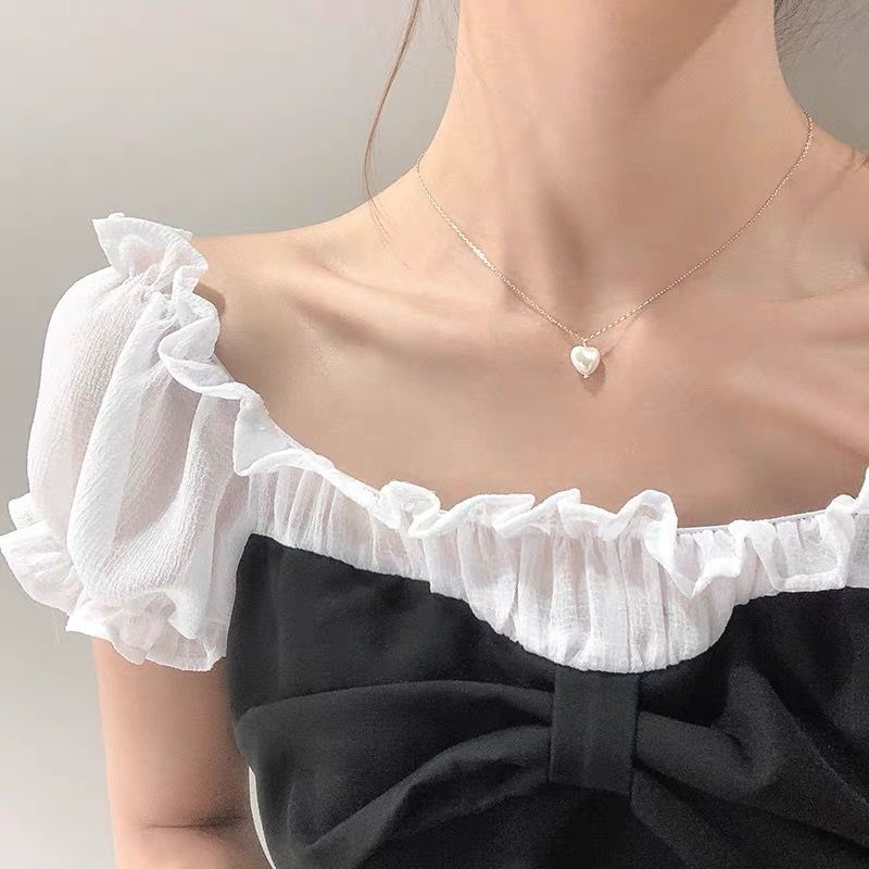 Vòng cổ Mặt Hình Trái Tim Lớn Đính Ngọc Trai Đơn Giản Ngọt Ngào Phong Cách Hàn Quốc