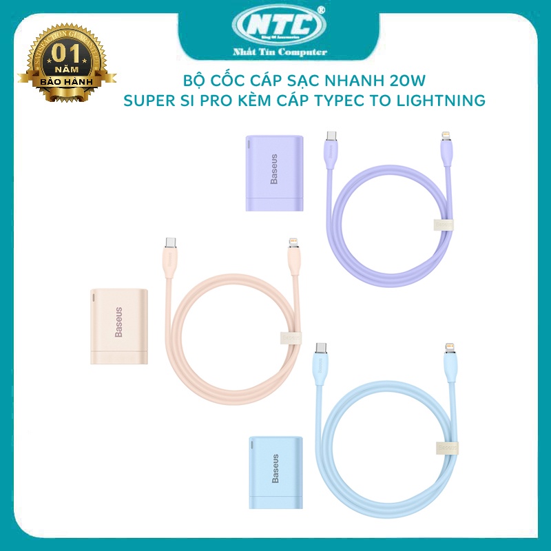 Bộ cốc cáp sạc nhanh typeC to LN Baseus super si pro CCCJG20CC-X chân gập hỗ trợ PD 20W - nhỏ gọn màu siêu kute (3 màu)