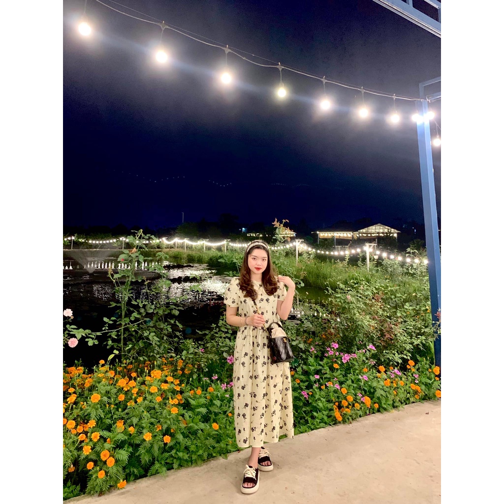 Đầm babydoll hoa nhí tay bồng, váy hoa dáng dài