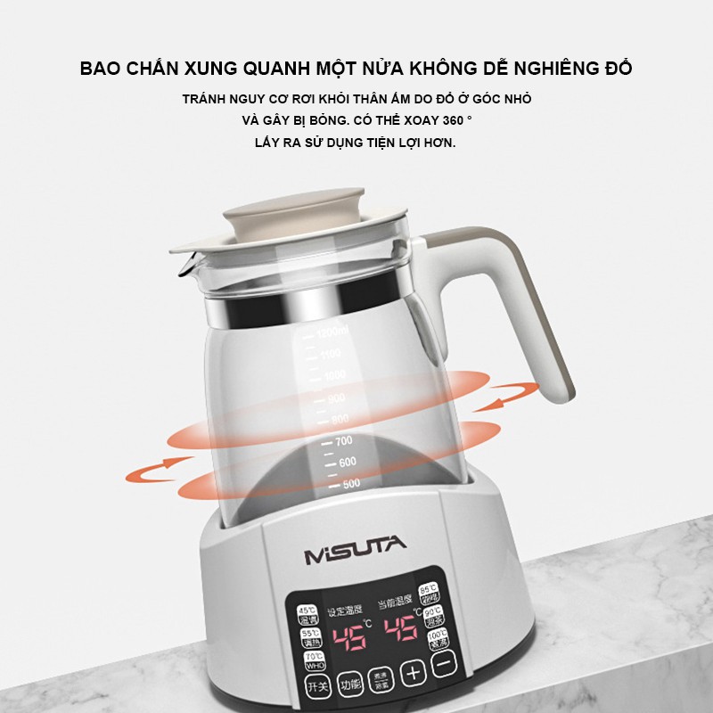Máy hâm nước pha sữa siêu tốc giữ nhiệt thông minh MISUTA - Khử clo, xoay 360 độ mẫu mới - tặng kèm phích chuyển đổi