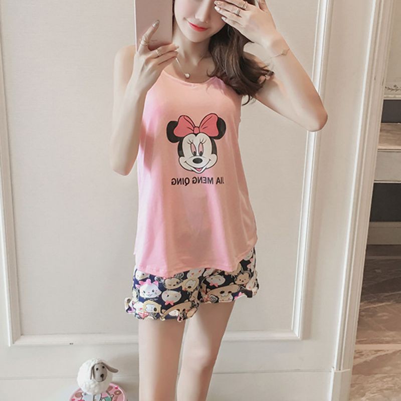Bộ đồ ngủ 2 dây in hình chuột Mickey màu hồng kèm quần lót