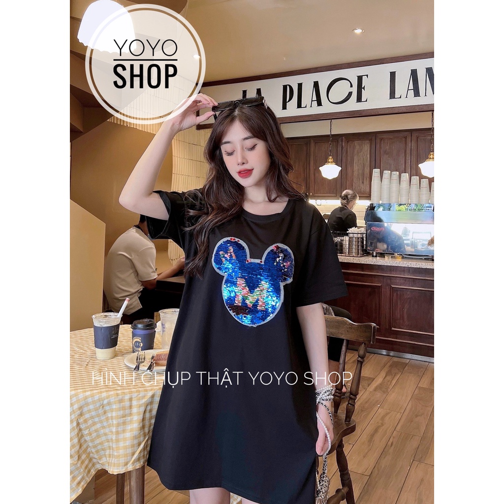 Áo đầm nữ thun thái phom rộng dấu quần tay lỡ form dưới 70kg đầu chuột màu đen