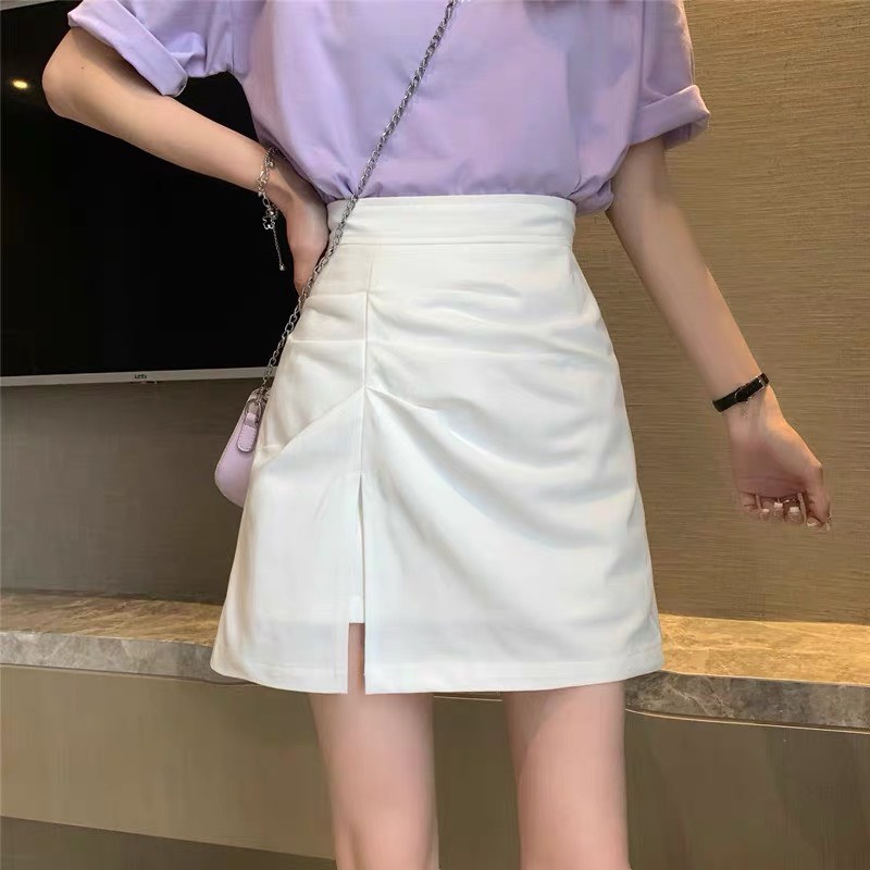 Chân váy công sở chữ A dáng ngắn xẻ tà thanh lịch lưng cao dáng ôm bút chì màu trắng đen