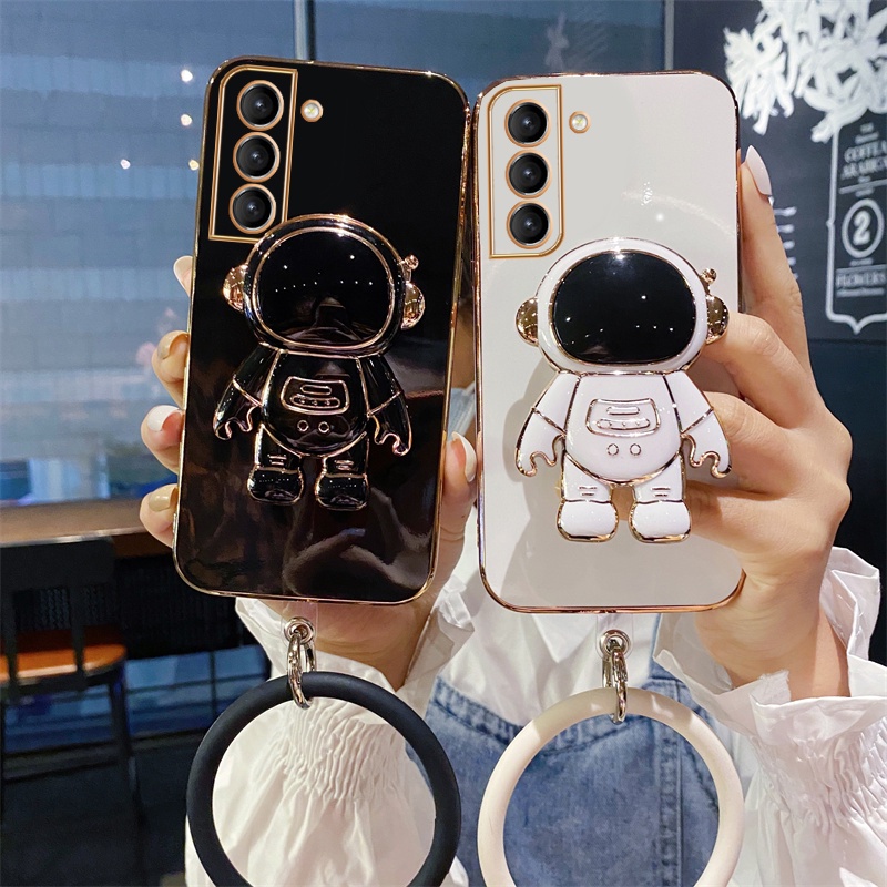 Ốp Điện Thoại Silicon Mạ Điện Hình Phi Hành Gia Sang Trọng Có Dây Đeo Cho Samsung Galaxy S22 Ultra S21 Plus Ultra S21FE