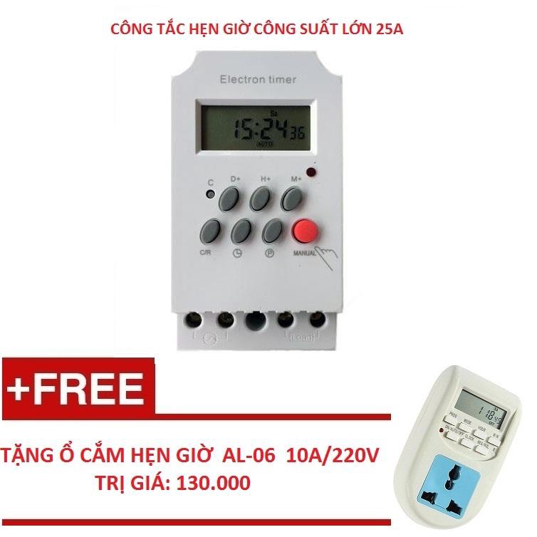 Bộ 1 công tắc hẹn giờ công suất cao 25A/220V KG316T-II + ổ cắm hẹn giờ al06