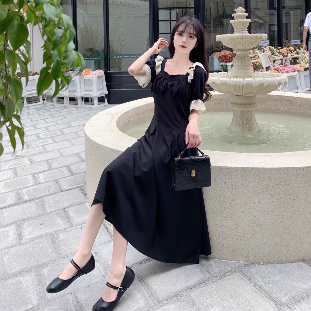 Váy nữ dáng dài vai và tay phối ren thời trang - GUEM Clothes