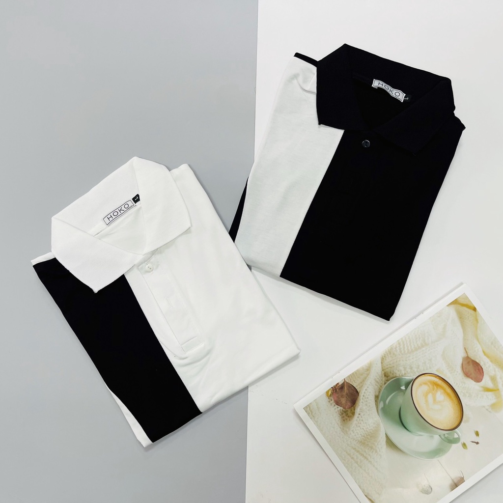 Áo thun nam ngắn tay POLO phối trắng đen basic đơn giản vải cotton giãn bốn chiều tay ngắn VBSHOP00378