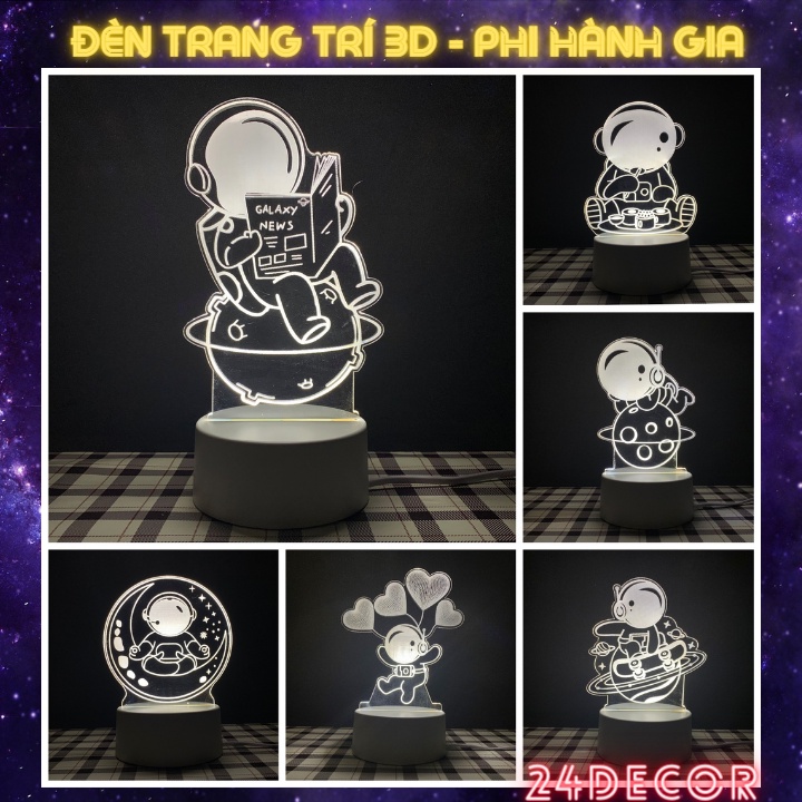 Đèn ngủ để bàn 3D, đèn trang trí decor phòng ngủ phi hành gia 3 chế độ sáng 24Decor