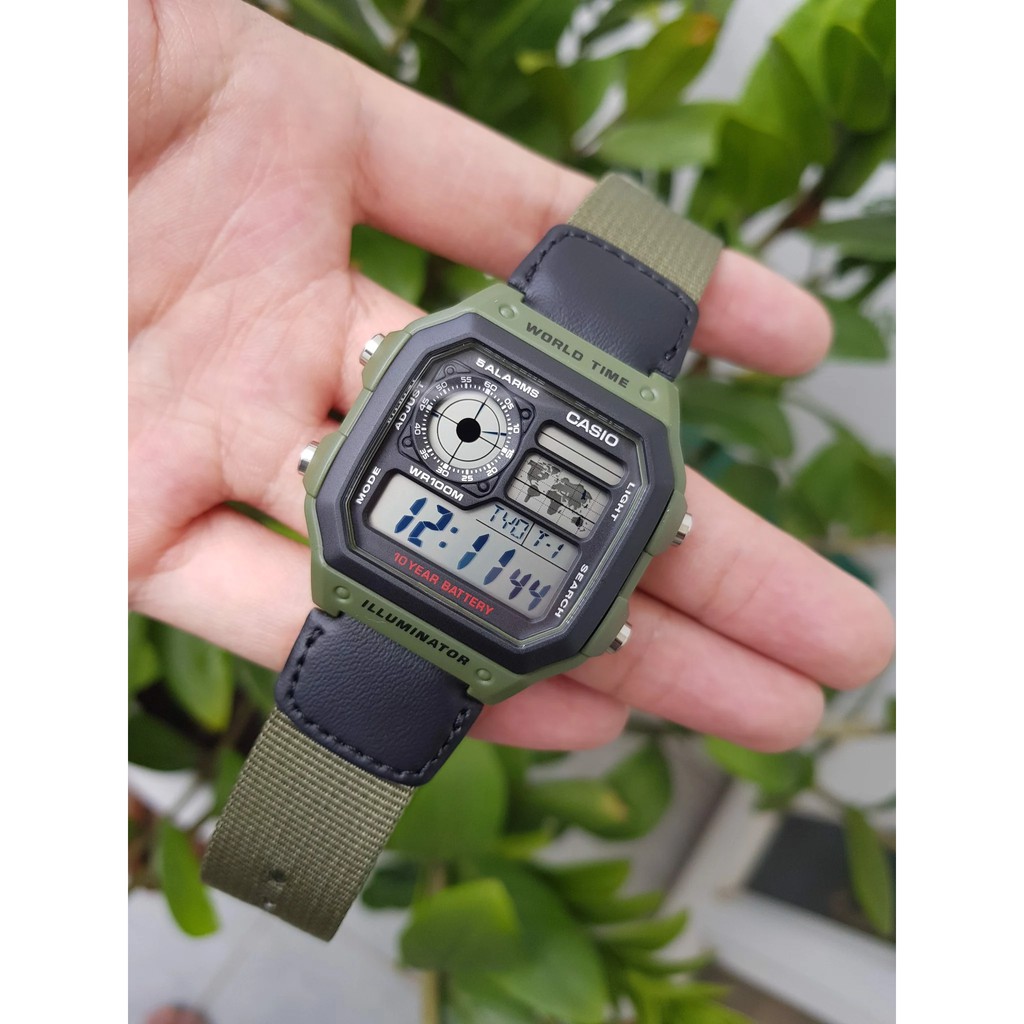 Đồng hồ Casio Nam AE-1200 dây vải thiết kế mặt vuông cổ điển chống nước - pin 10 năm xài siêu bền