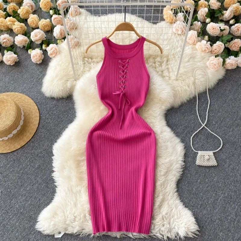 đầm len body cổ yếm thắt dây