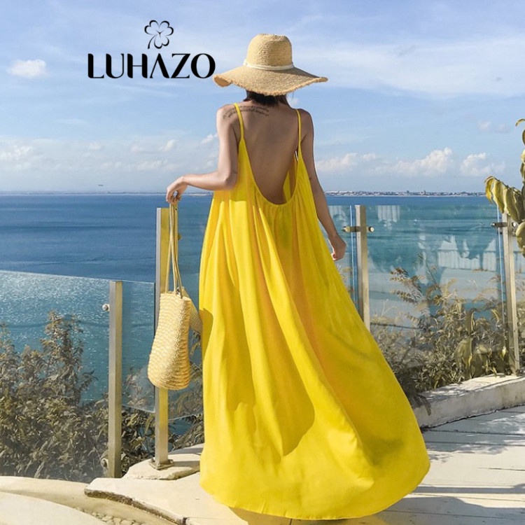 Váy 2 dây cổ yếm maxi LUHAZO dáng xoè đi biểnmàu vàng nổi bật nữ đẹp  dài rộng bigsize bikini Hàn Quốc 8586 DK
