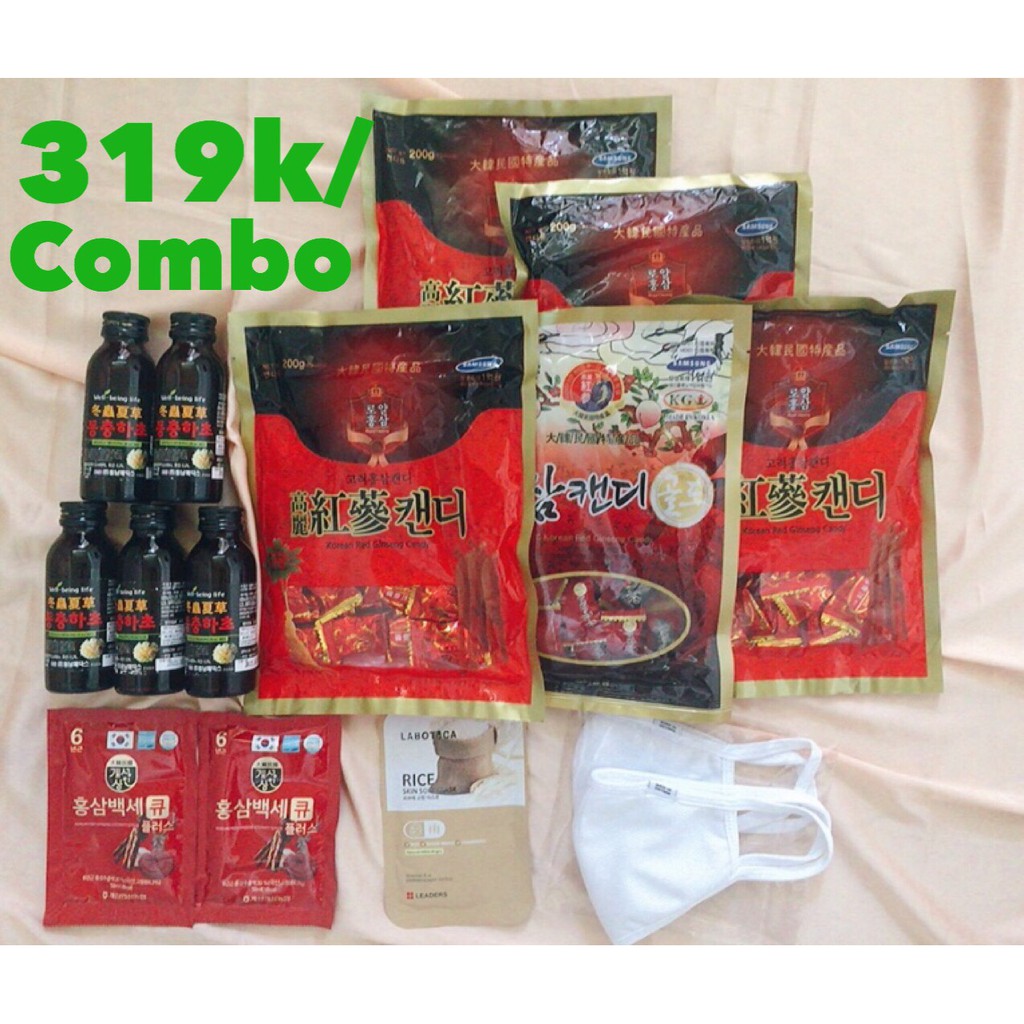 COMBO GỒM CÁC SẢN PHẨM HÀN QUỐC ( kẹo sâm  + nước đông trùng hạ thảo + hồng sâm nước dạng gói + mặt nạ giấy)