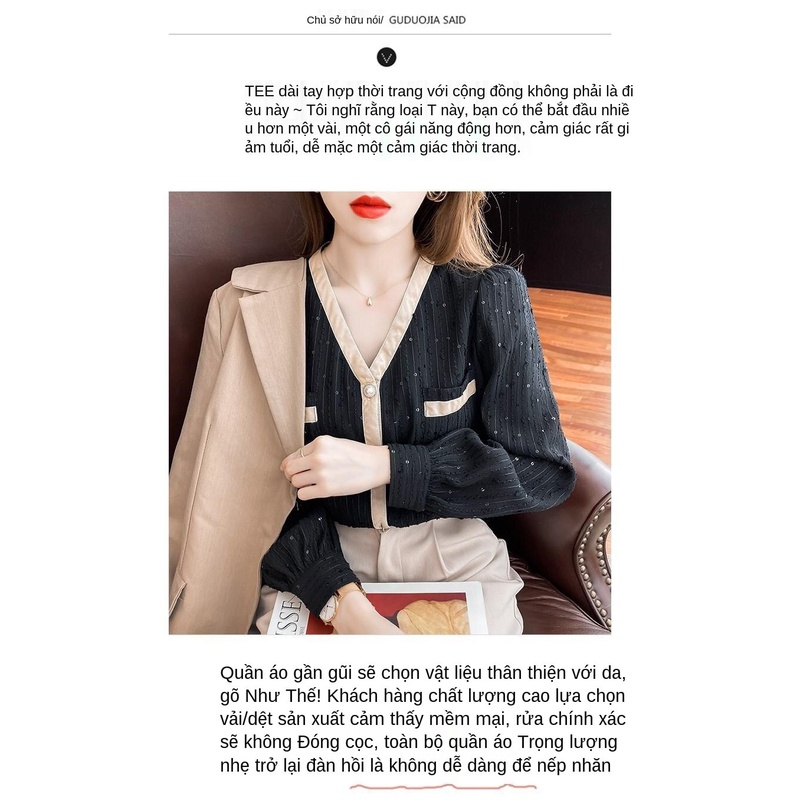 Áo sơ mi cổ chữ V phối ren thời trang thu đông hàng mới 2021