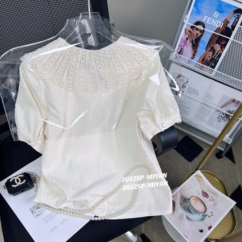 [Juxxi] Áo Chiffon Mỏng Tay Ngắn Cổ Búp Bê Phối Ren Thiết Kế Chất Lượng Cao Cho Nữ  tao bao