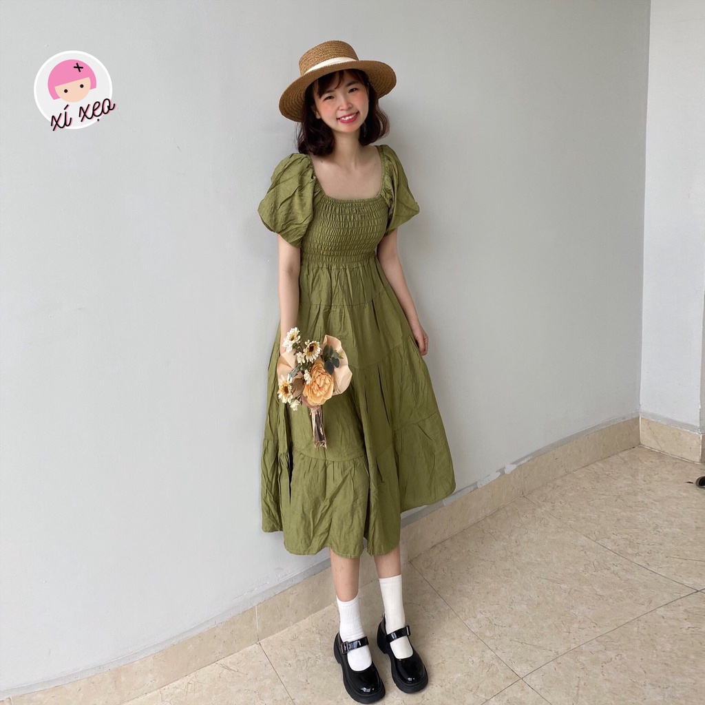 Váy maxi tay bồng dáng dài xoè, đầm xanh cốm vintage xixeoshop - v145