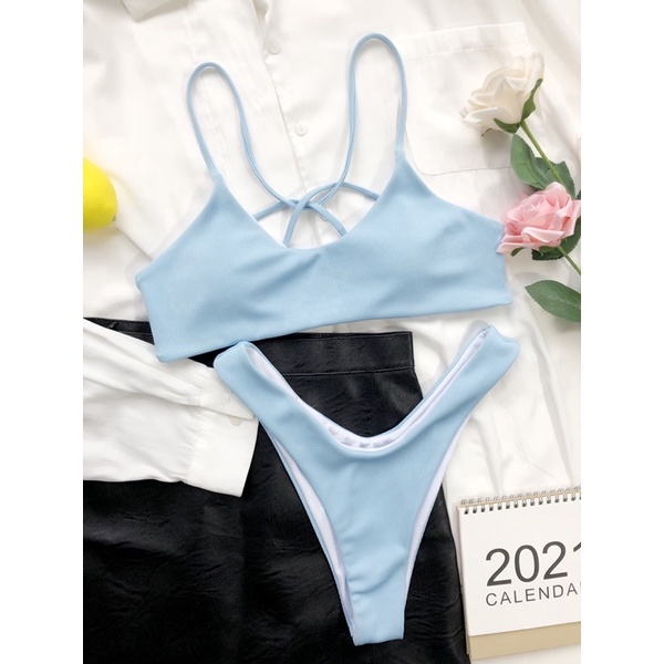 [BKN1230] &lt;ÂU&gt; SET BIKINI BASIC ĐAN DÂY LƯNG VẢI GÂN XANH BLUE/HỒNG/ĐEN