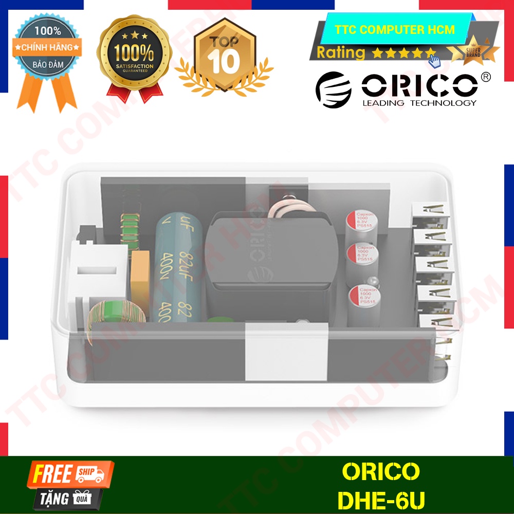 ORICO DHE-6U | ORICO Bộ Sạc USB Để Bàn 6 Cổng Bộ Sạc Nhanh Tối Đa Đầu Ra 10A 50W Trạm Sạc USB DHE-6U - HÀNG CHÍNH HÃNG