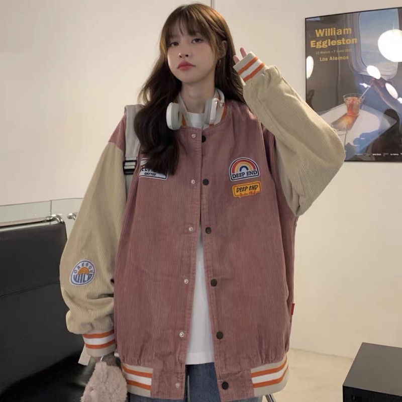 Áo khoác bomber bóng chày chất len tăm dáng unisex form rộng (lót bông)