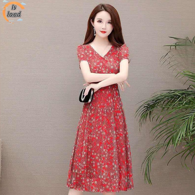 Đầm Chữ A Tay Ngắn Cổ Chữ V In Hoa Thời Trang Cho Nữ