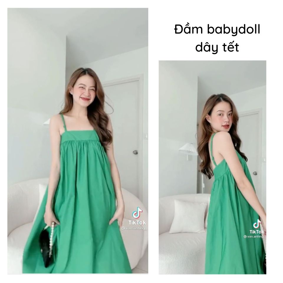 Đầm babydoll nữ xòe đi biển mùa hè đầm baby doll 2 dây maxi nữ dài chất vải thô rộng dấu bụng thời trang