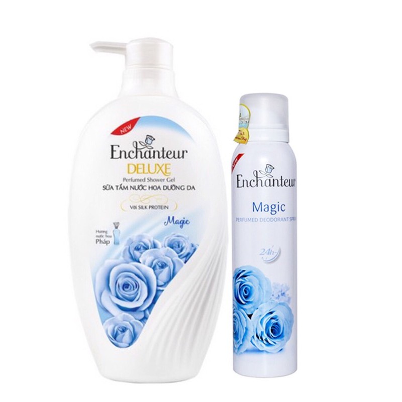 Combo sữa tắm dưỡng da hương nước hoa Enchanteur 650g và Xịt khử mùi 150ml