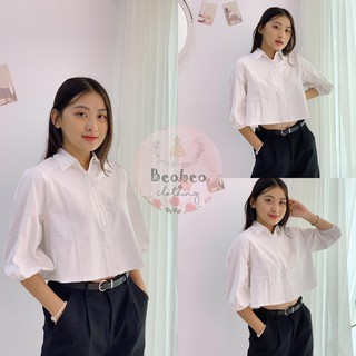 [Ảnh thật] Áo sơ mi trắng croptop tay phồng ulzzang