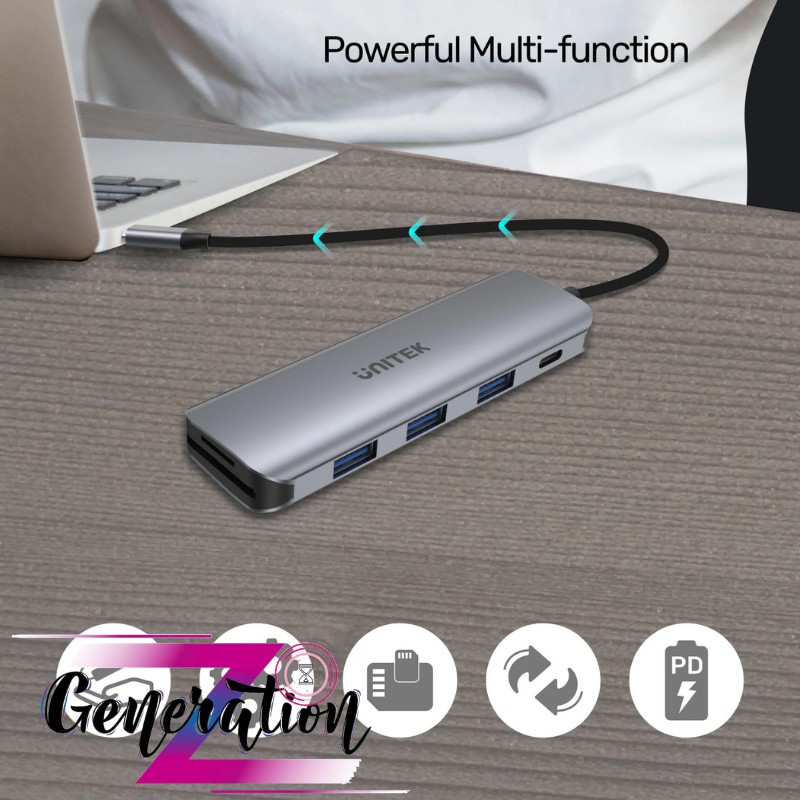 CÁP CHUYỂN TYPE-C RA 4 USB 3.0 + TF/SD + PD 100W UNITEK H1107C