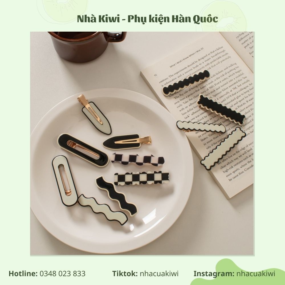 Kẹp tóc mái tone màu trắng đen nhiều mẫu phong cách Hàn Quốc