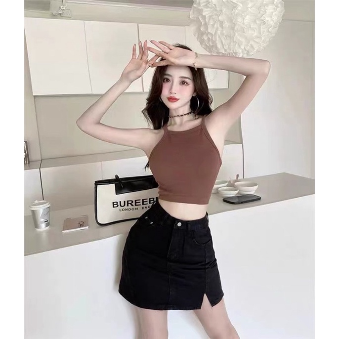 Áo yếm hai dây lệch ôm body dệt kim có đệm mút Quảng Châu cao cấp