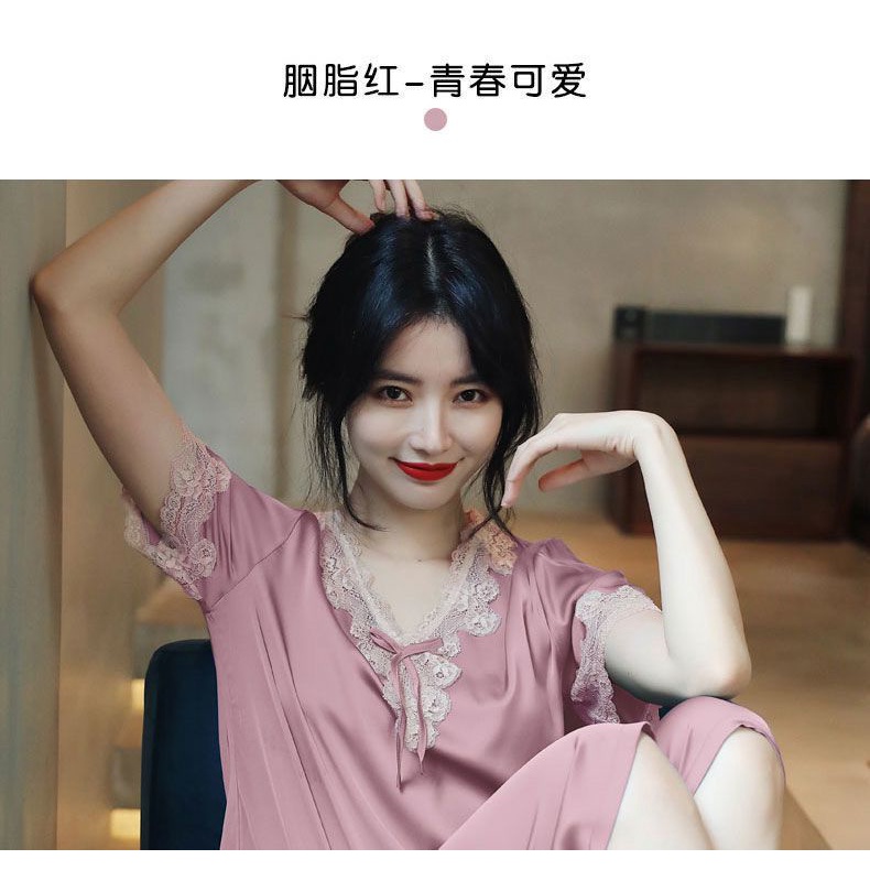 Đầm Ngủ Tay Ngắn Chất Lụa Phối Ren Quyến Rũ Thời Trang Xuân Thu Phong Cách Hàn Quốc Cho Nữ