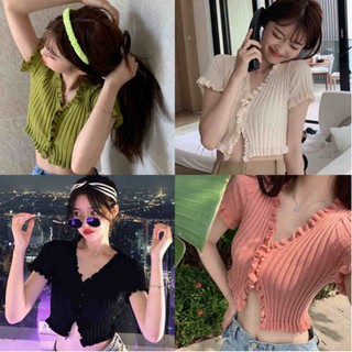 Áo Croptop Dệt Kim Tay Ngắn Cổ Chữ V Phong Cách Hàn Quốc