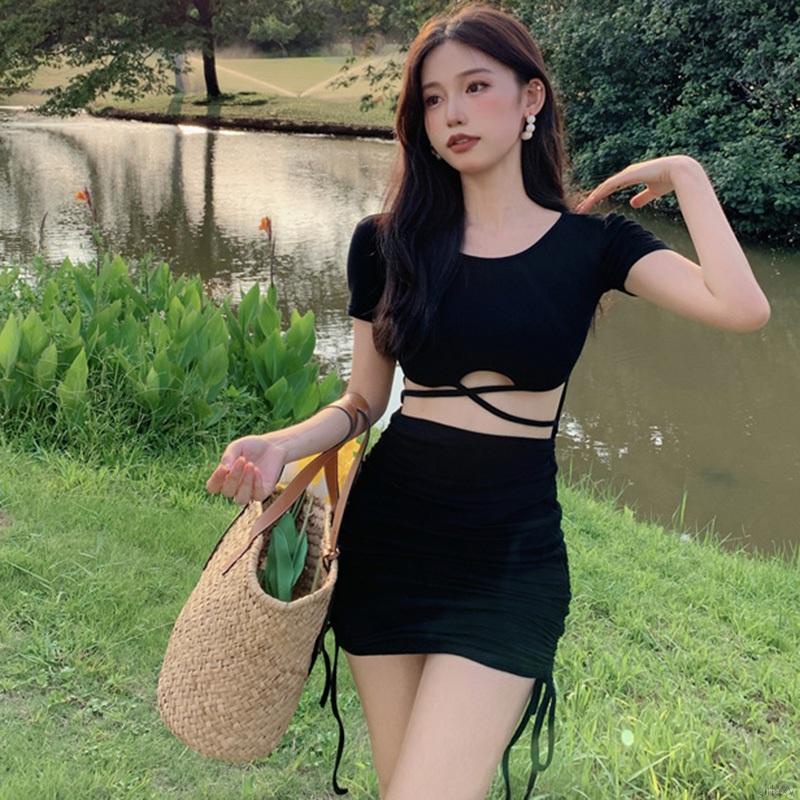 Đầm tay ngắn cổ tròn hở rốn màu sắc đơn giản phong cách Hàn Quốc thời trang dành cho nữ