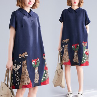 [ORDER] Váy đầm nữ bigsize cổ polo in hình mèo trẻ trung (V022)