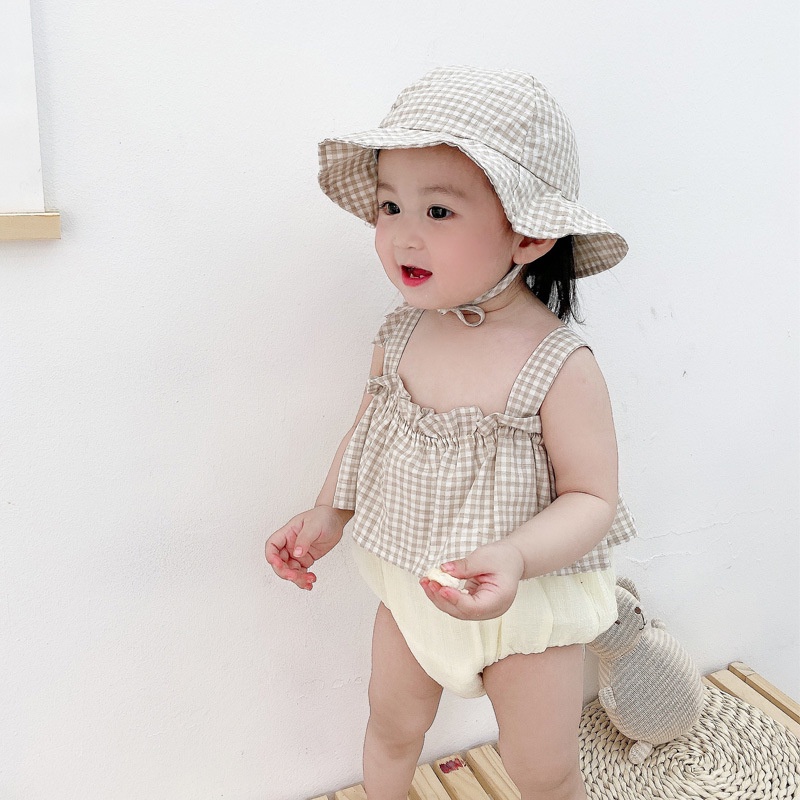 Bộ Áo Liền Quần Hai Dây Thoáng Khí Họa Tiết Sọc Caro Phong Cách Hàn Quốc