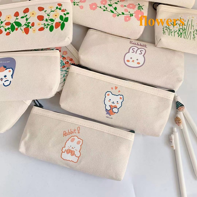 Túi Đựng Bút Canvas Họa Tiết Hoa / Gấu / Thỏ Dễ Thương Có Khóa Kéo Tiện Dụng Cho Học Sinh / Văn