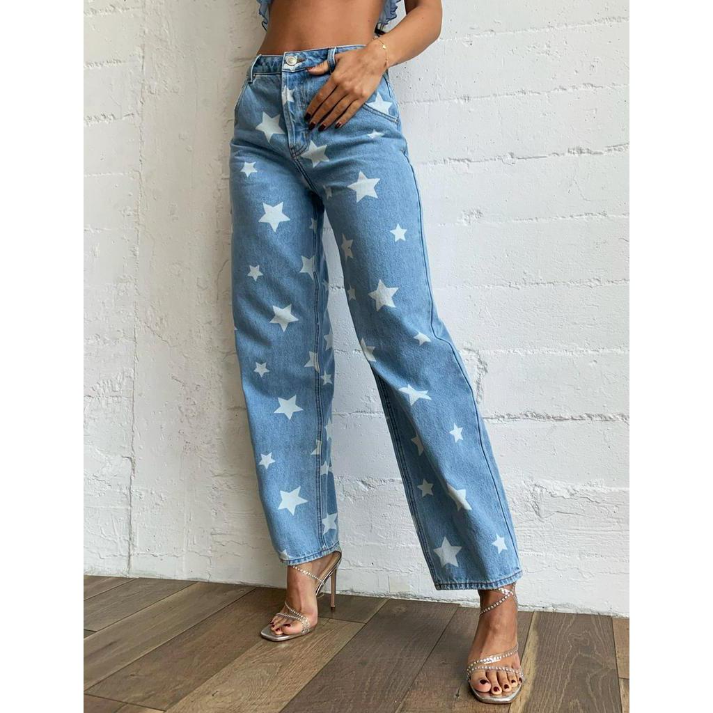 Quần Jean Ống Rộng In Họa Tiết Ngôi Sao Trẻ Trung Dành Cho Nữ