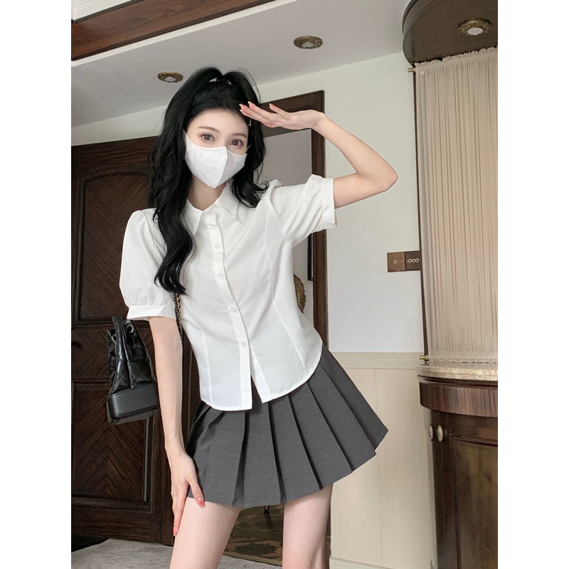 Shirt White closed waist college style top sweet short-sleeved summer polo shirt Women's chic lace design bubble sleeve KhOc