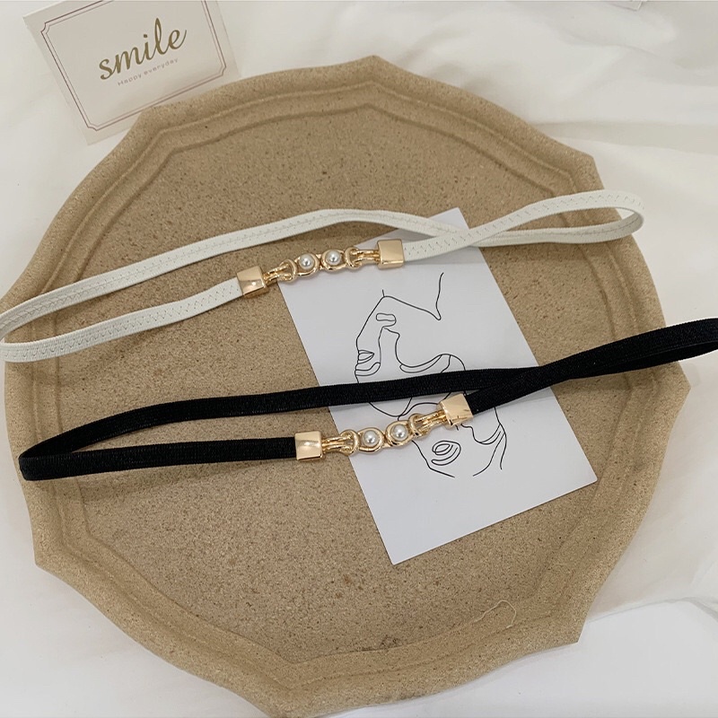 Dây thắt lưng belt chun hạt ngọc bản mỏng khóa kim loại