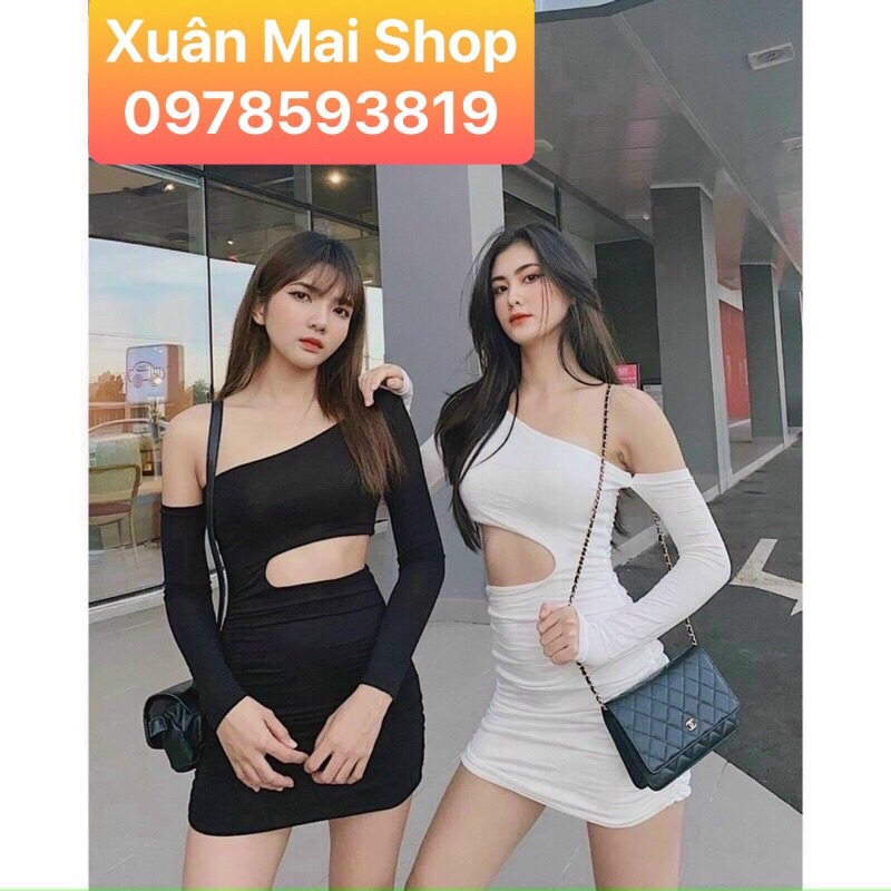 [FREESHIP] Đầm body siêu ôm cách điệu khoét eo hở một bên vai chất borip xịn mịn dày dặn hai màu trắng đen