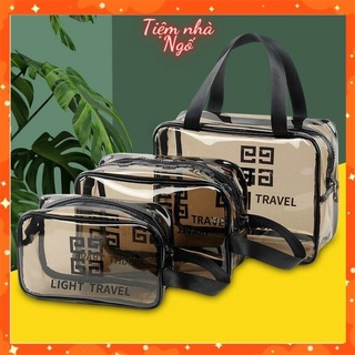 Set 3 túi đựng mỹ phẩm, đồ trang điểm du lịch cá nhân chống thấm nước, trong suốt có khóa kéo tiện dụng