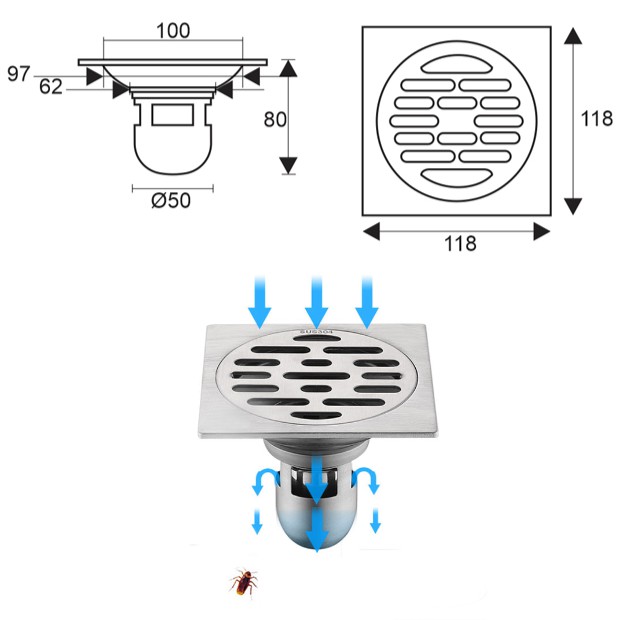 THOÁT SÀN INOX304 CHỐNG MÙI HÔI và CÔN TRÙNG 118x118mm NX125ts-304