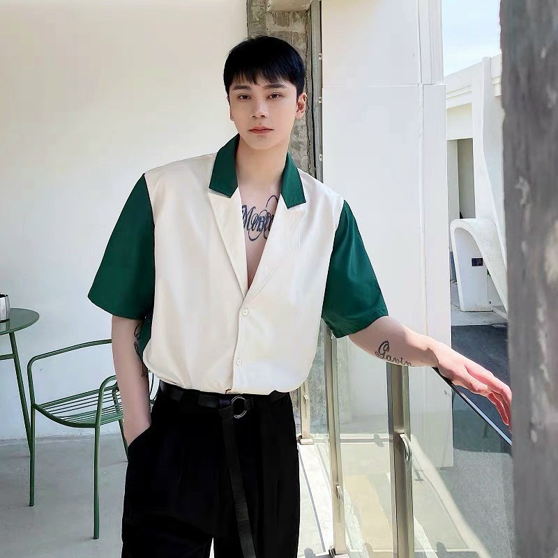 Áo sơ mi cổ vest phối màu siêu chất