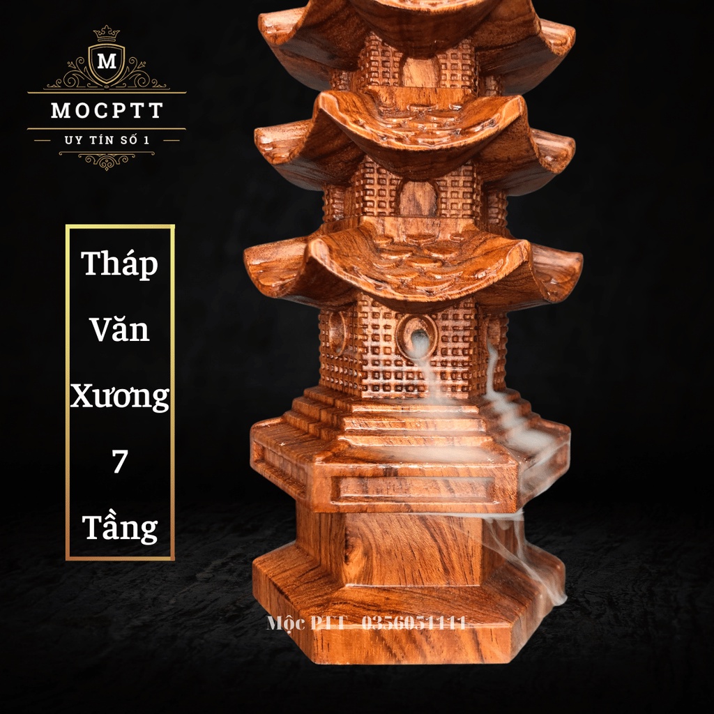 Tháp văn xương 7 tầng gỗ Hương Đá kết hợp đốt trầm hương KT 27 x 9 x 9 cm TV01